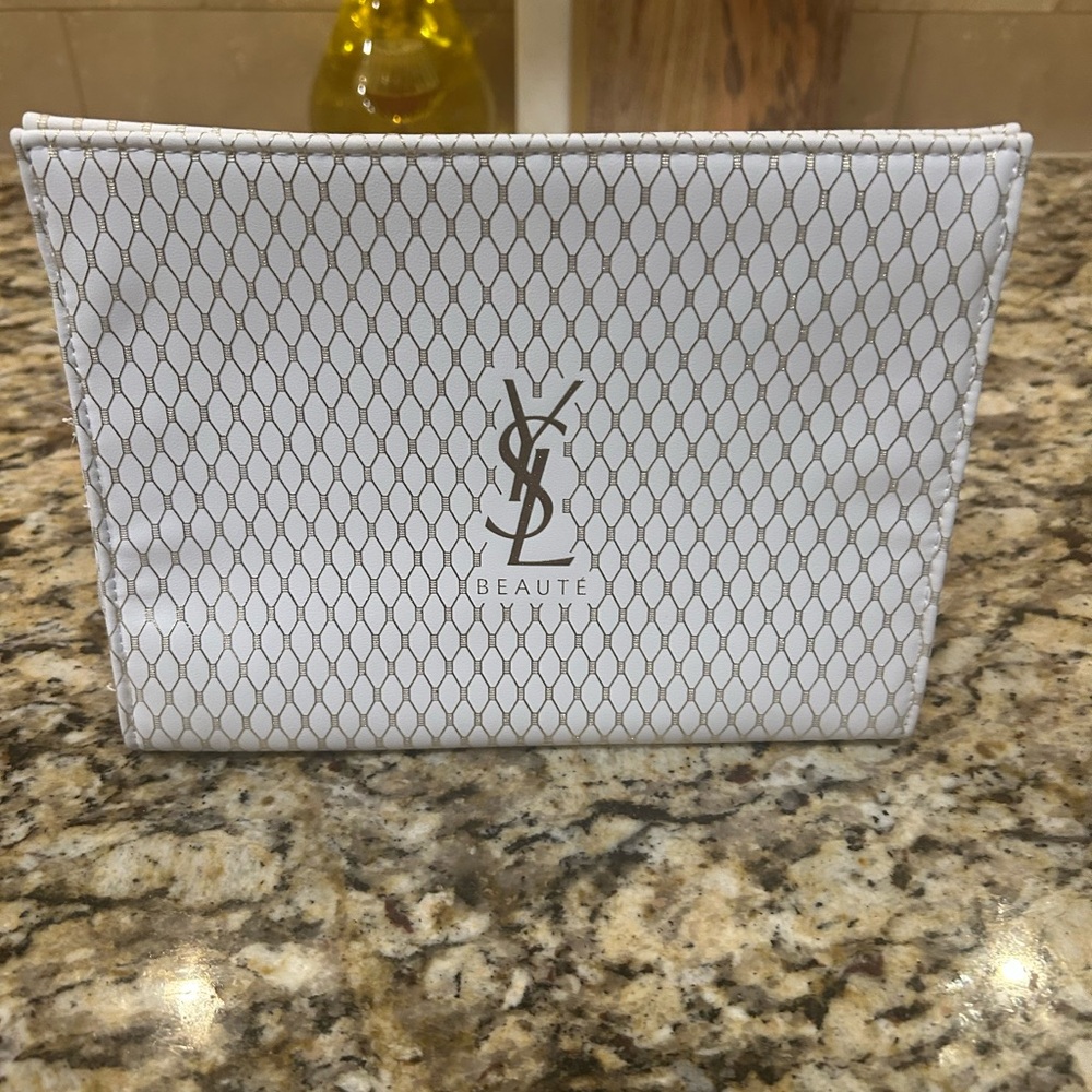 Yves Saint Laurent YSL Beaute Pouch white & gold faux leather Case toiletry Bag